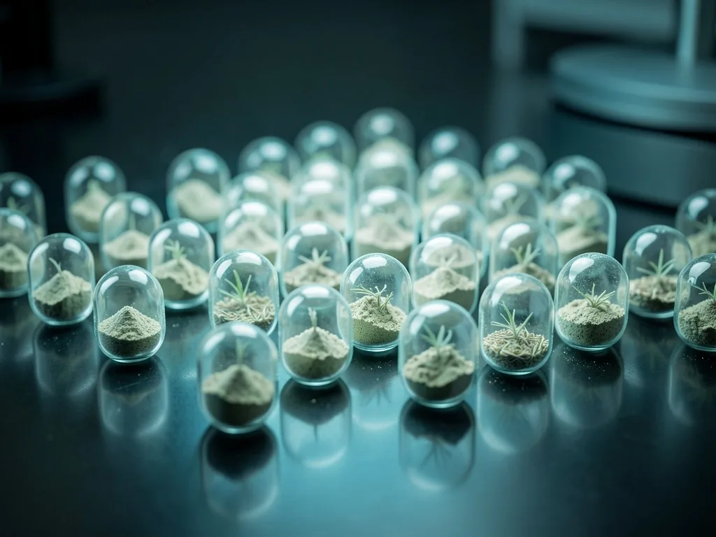 Botanical supplement capsules arranged on a dark surface