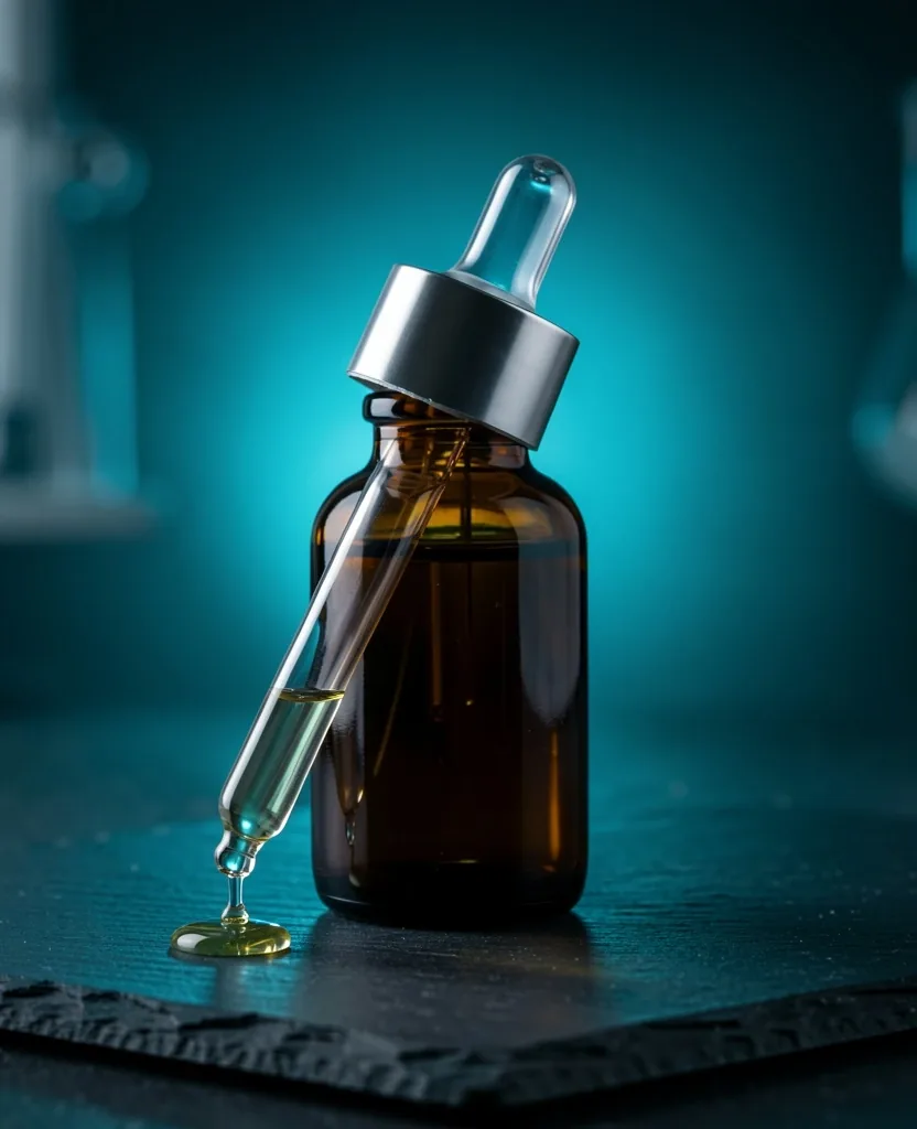 Dark apothecary bottle with botanical extract on a laboratory surface