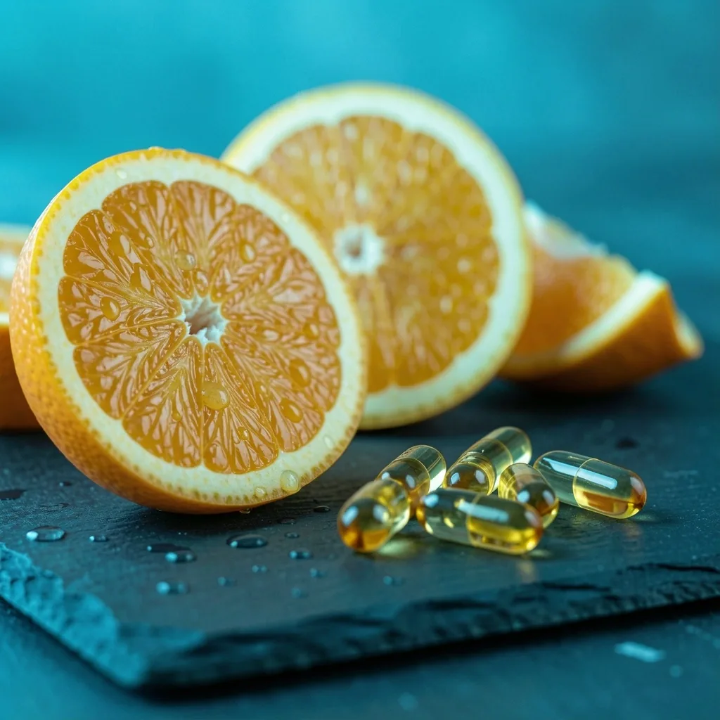 Citrus slices and vitamin E capsules on dark slate