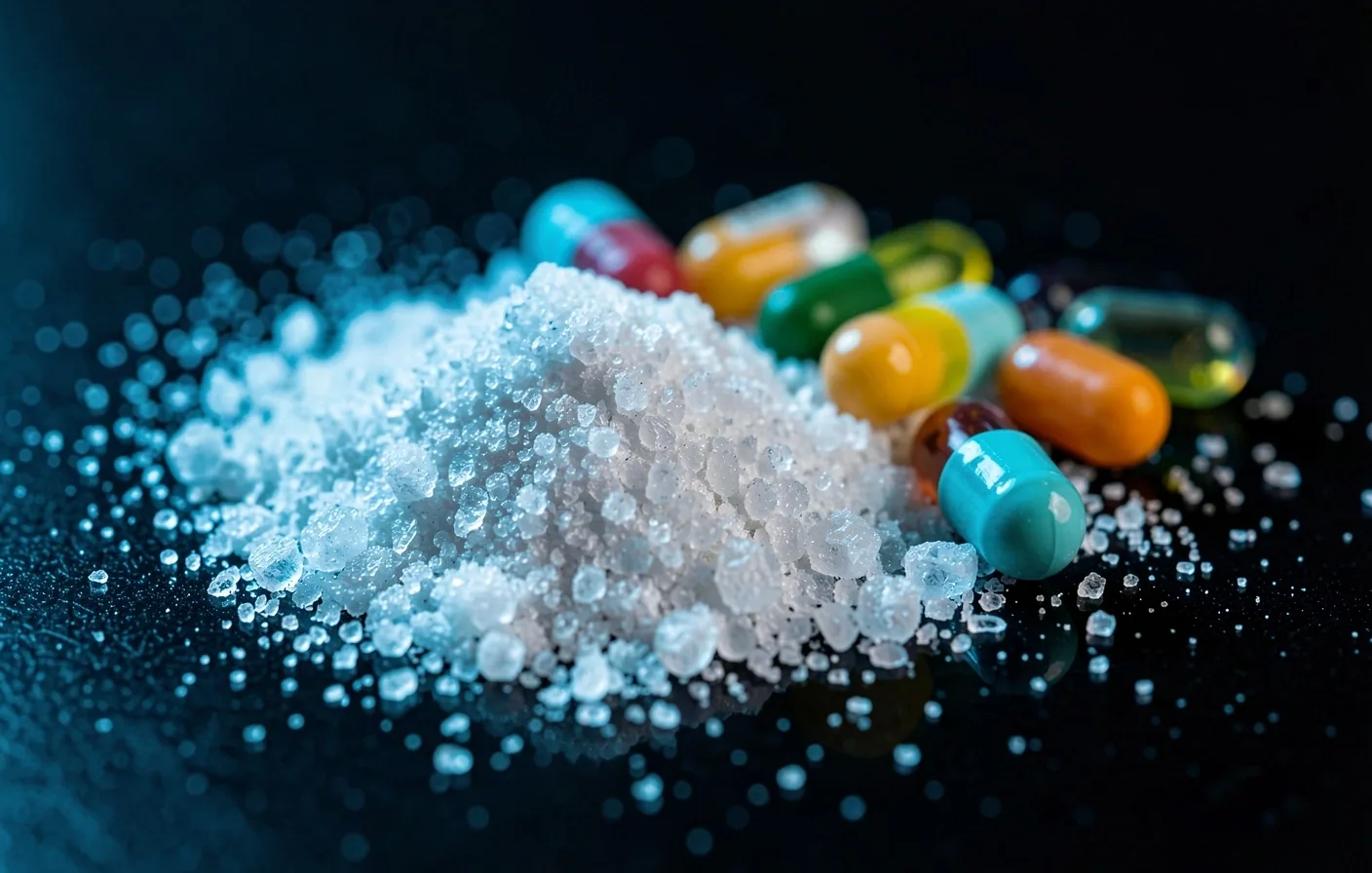 Crystalline mineral powder and vitamin capsules on dark surface