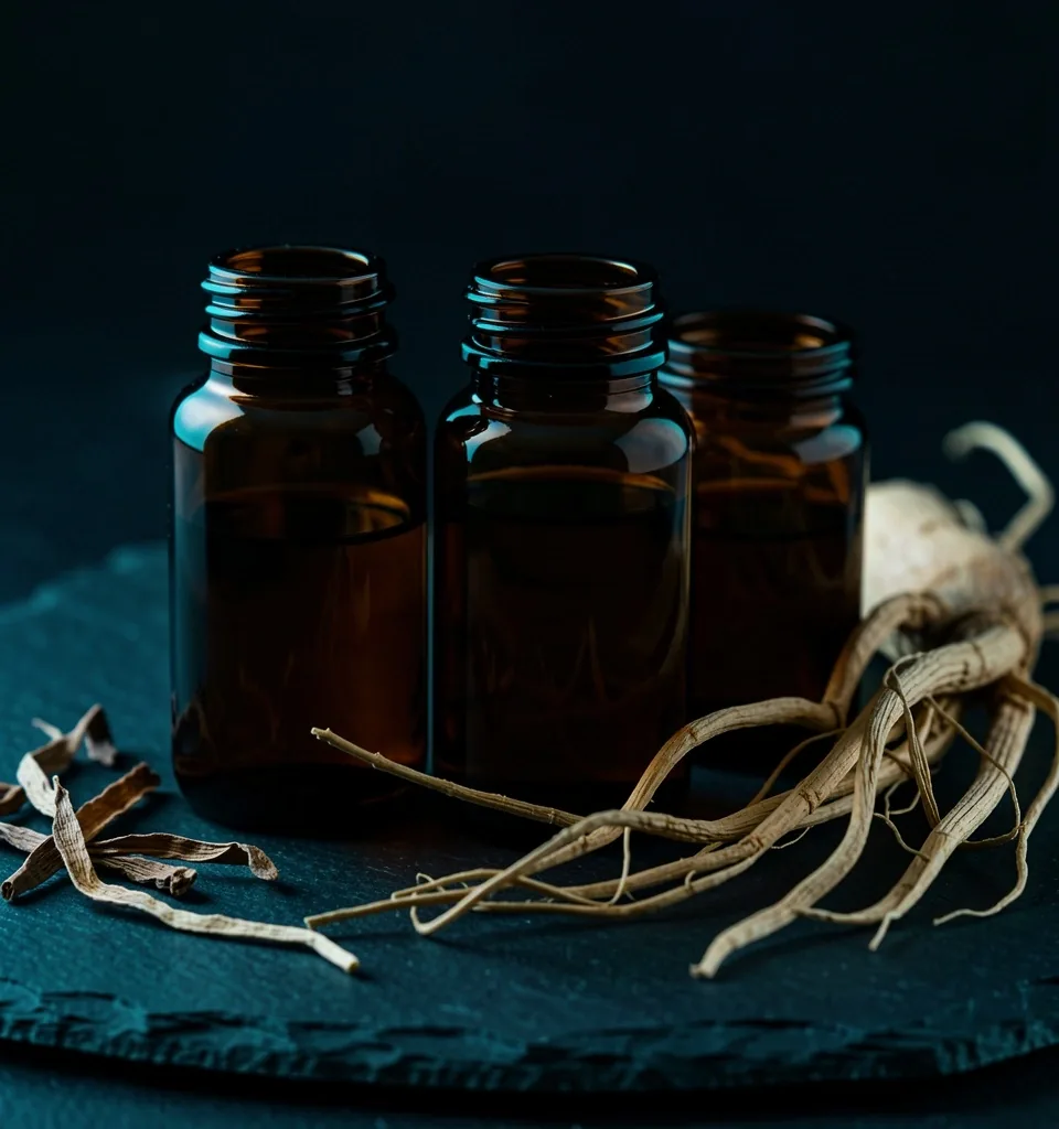 Dark glass supplement bottles on a slate surface