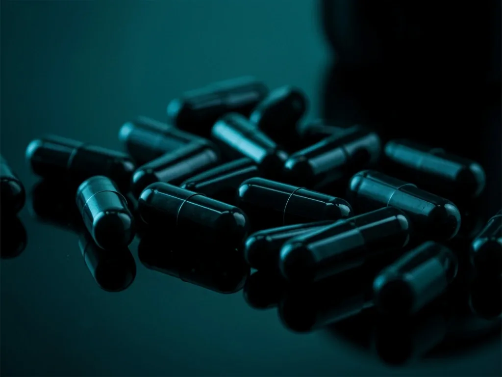 Dark supplement capsules on reflective surface