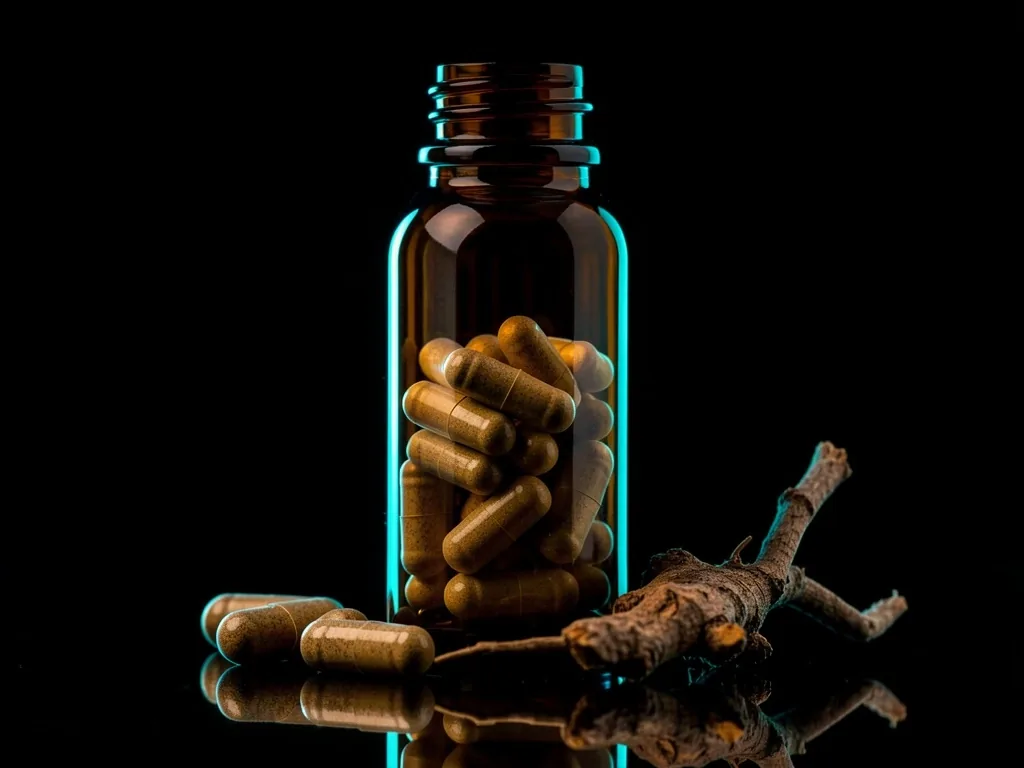Dark glass apothecary bottle of herbal capsules