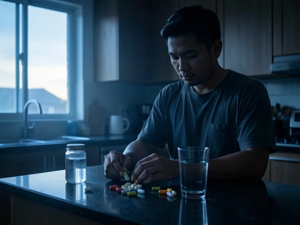 Man preparing morning supplements at dawn