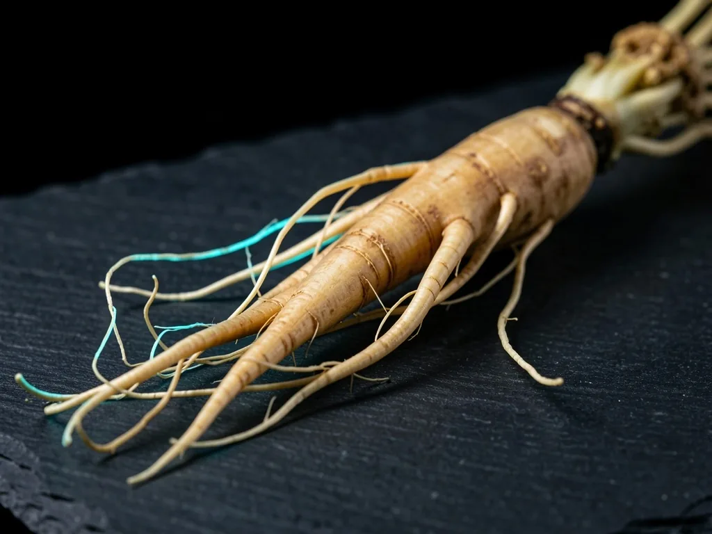 Raw ginseng root on dark surface