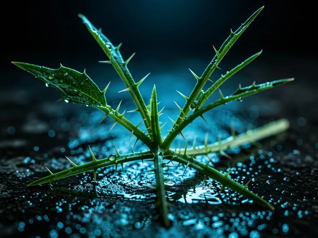 Tribulus terrestris plant on dark wet stone