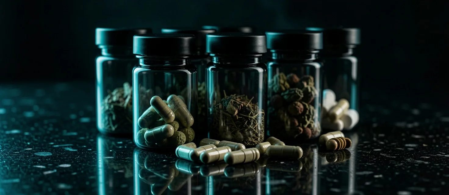 Dark glass supplement bottles in low-key lighting
