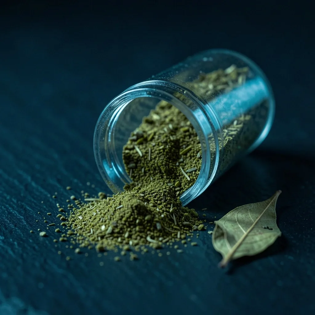Clean label capsule with herbal powder on dark surface