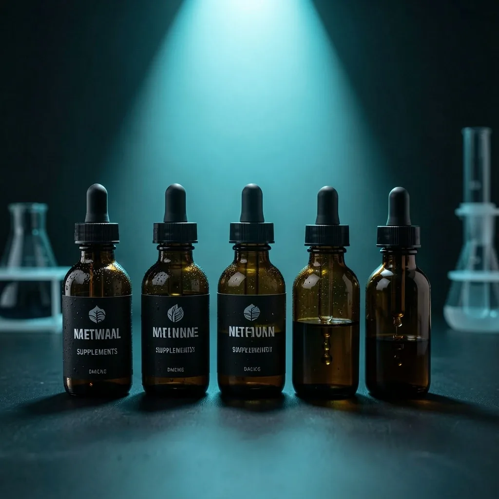 Dark glass supplement bottles under cyan lab light