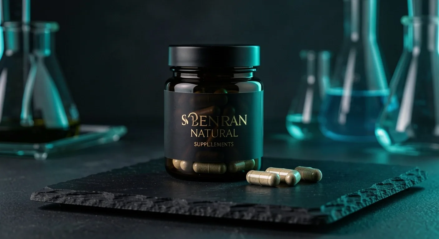 Dark glass supplement bottles in low-key laboratory lighting