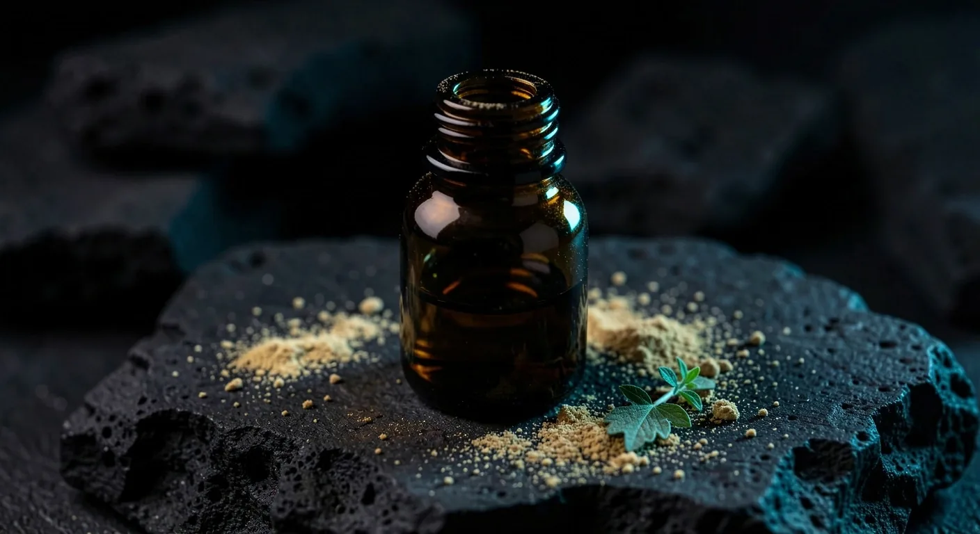 Dark glass supplement bottle on volcanic stone under cyan light